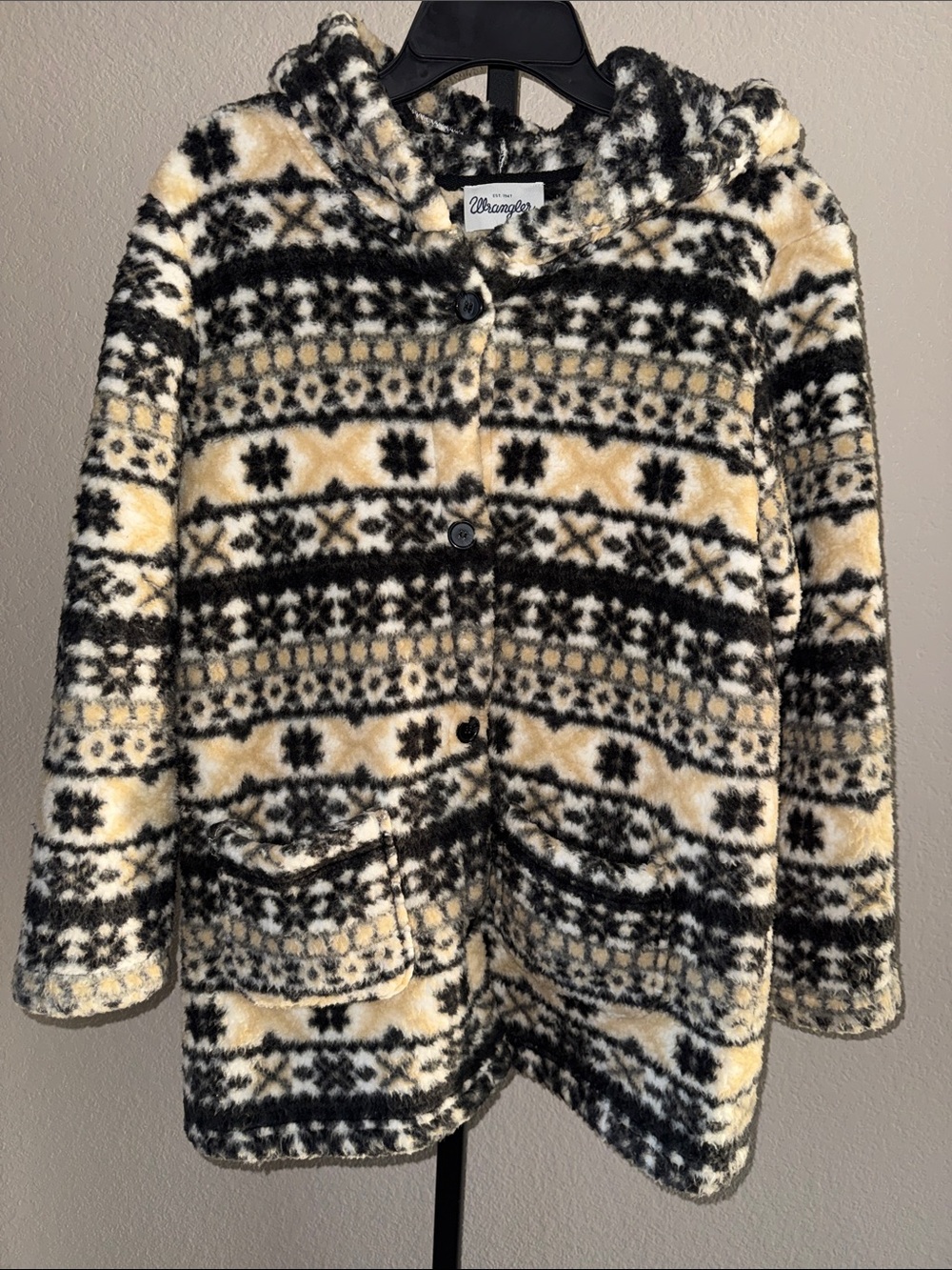 Wrangler Cream & Black Patterned Fleece Hooded Puffer Jacket Faux Fur Large